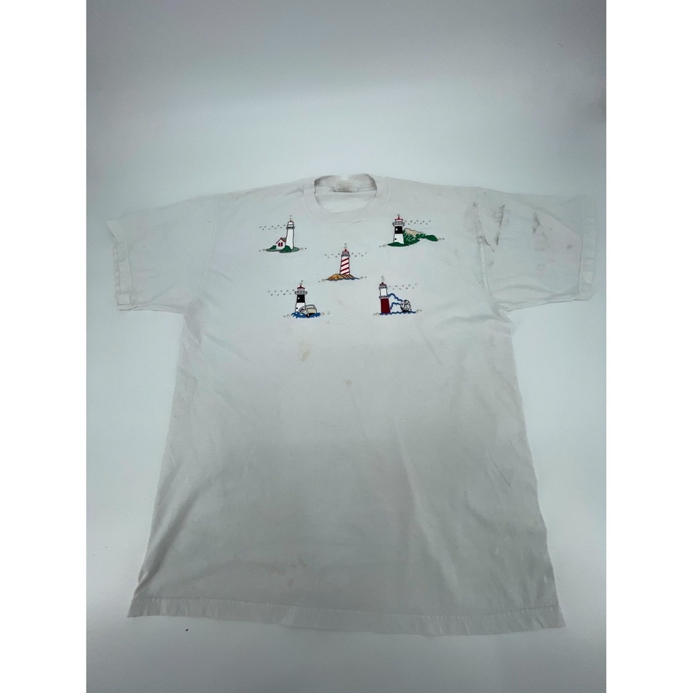 Vintage (late 90's) Jerzees T-Shirt Mens Large White Embroidered‎ Lighthouse